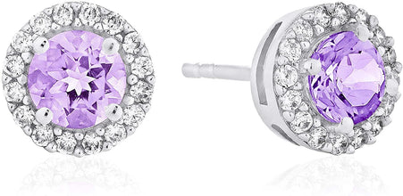 .925 Sterling Silver Birthstone and Lab Grown White Sapphire or CZ Halo Stud Earrings - Choice of Gem Color/Month