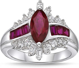 .925 Sterling Silver, Marquise and Baguette Cut Lab Grown Gem & Lab-Grown White Sapphire Wavy Channel Set Engagement Ring - Choice of Gem Color