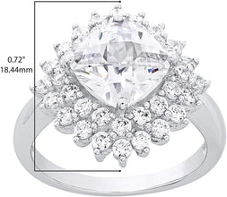.925 Sterling Silver & Square Cushion Shaped Checkerboard Cut White Cubic Zirconia Double Halo Snowflake Statement Ring