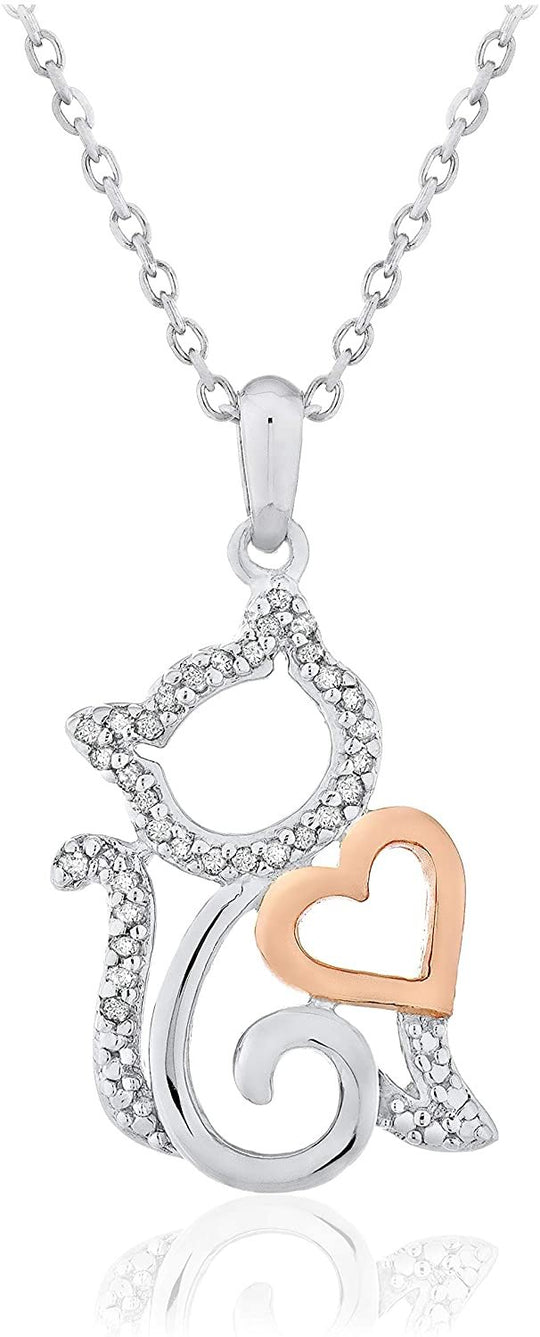 14K Rose Gold Plated .925 Sterling Silver 1/10 Cttw Diamond Kitty Cat with Heart Pendant Necklace on 18" Cable Chain (I-J Color, I2-I3 Clarity)