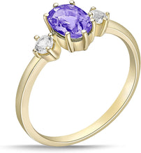 14K Yellow Gold Plated .925 Sterling Silver Oval Cut Birthstone & Created White Sapphire Three Stone Engagement Ring - Choice of Birthstone/Month