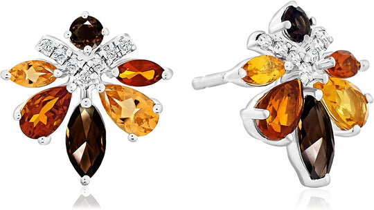 .925 Sterling Silver, Brown Smoky Quartz, Madeira Citrine, Orange Citrine & White Topaz 1/2" Marquise and Pear Cut Autumn Spray Bouquet Stud Earrings