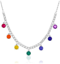 .925 Sterling Silver Created Ruby, Emerald, Padparadscha, Yellow, Blue and White Sapphire, and Amethyst Rainbow Dangling Stone Tennis Necklace - 18