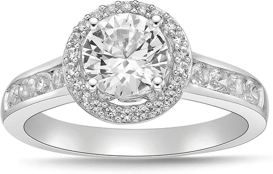 .925 Sterling Silver Lab Grown White Sapphire Halo Cathedral Style Engagement Ring with Channel Set Band