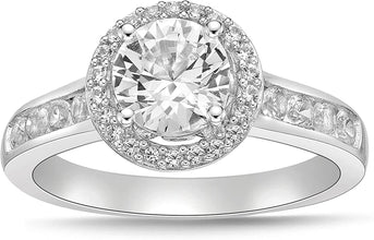.925 Sterling Silver Lab Grown White Sapphire Halo Cathedral Style Engagement Ring with Channel Set Band