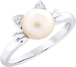 .925 Sterling Silver, 7.0mm White Freshwater Cultured Pearl & Lab Grown White Sapphire Kitty Cat Statement Ring