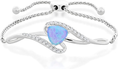 .925 Sterling Silver Triangle Shape Created Blue Opal and Round Created White Sapphire Infinity Twist Bolo Bracelet - Fits Wrists to 9-1/2