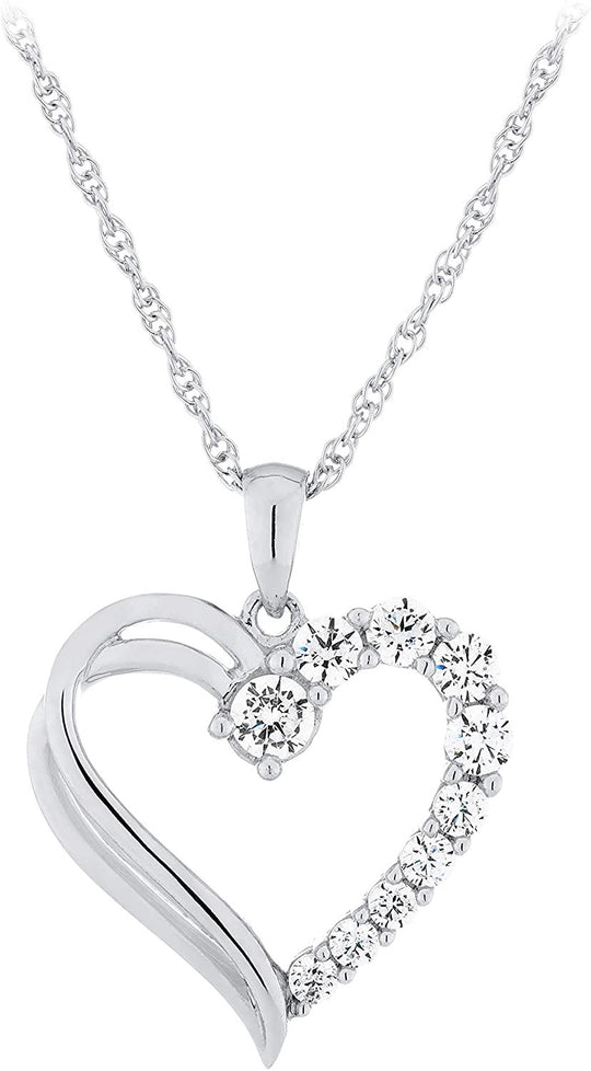 .925 Sterling Silver Cubic Zirconia Graduated Gem Asymmetrical Open Heart Shape Pendant Necklace with 18" Rope Chain