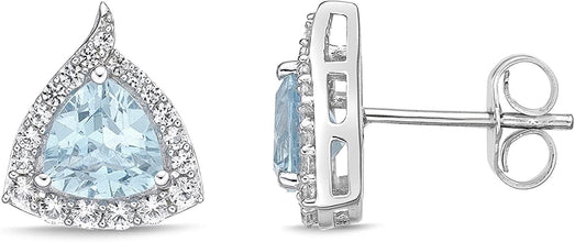 .925 Sterling Silver Trillion Cut Birthstone & Created White Sapphire Halo Stud Earrings - Choice of Birthstone/Month