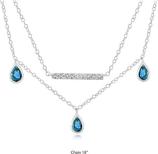 .925 Sterling Silver, Swiss Blue Topaz & White Topaz Two Layer Bar Style and Dangling Bezel Set Gemstone Necklace - 18”
