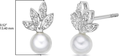 .925 Sterling Silver, 5.5mm White Freshwater Cultured Button Pearl & Lab Grown White Sapphire Fruit Drop Studs Leafy Pushback Stud Earrings