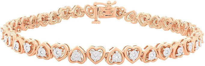 14K Rose Gold Plated .925 Sterling Silver 1/10 Cttw Diamond Miracle Plate Heart Shaped Links Tennis Bracelet - 7-1/4