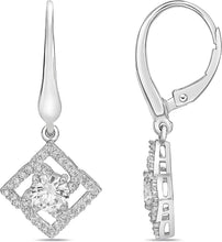 .925 Sterling Silver Round Cut Cubic Zirconia Square Halo Leverback Dangle Earrings