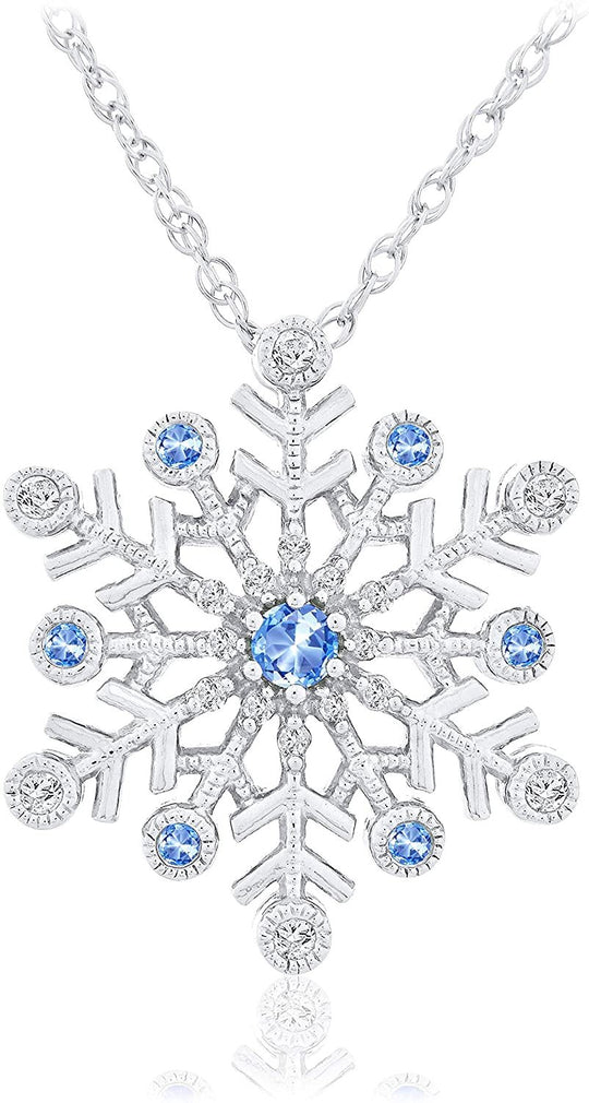 .925 Sterling Silver, Fancy Blue Swarovski Zirconia & White Cubic Zirconia Milgrain Snowflake 20" Rope Chain Pendant Necklace