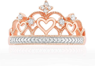 14K Rose Gold Plated .925 Sterling Silver 1/10 Cttw Diamond Heart Crown Ring (I-J Color, I2-I3 Clarity)