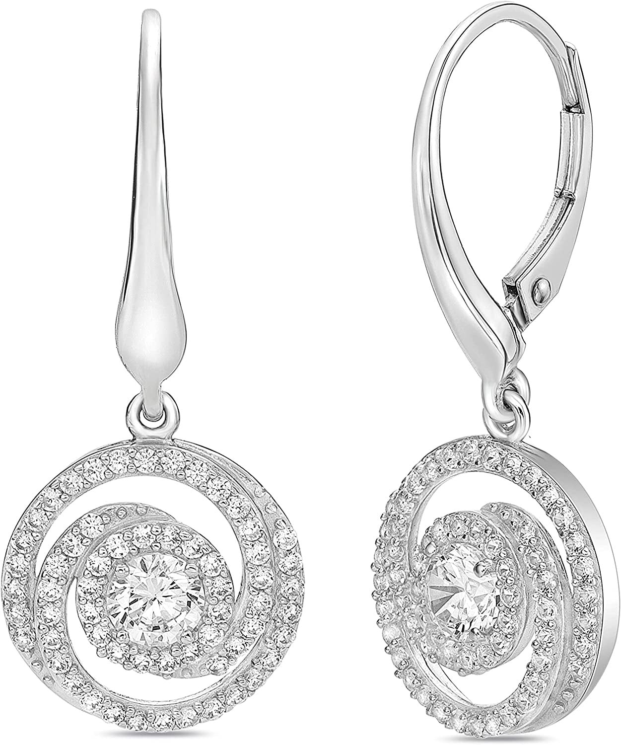 .925 Sterling Silver Round Cut Cubic Zirconia Yin Yang Halo Leverback Dangle Earrings