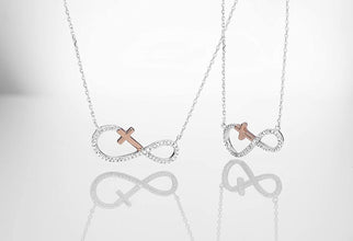 14K Rose Gold Plated .925 Sterling Silver Diamond Accented Cross Sideways Infinity Necklace on 18