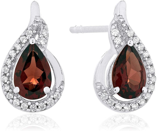 .925 Sterling Silver Pear-Shaped Birthstone & Lab Grown White Sapphire or CZ Teardrop Stud Earrings - Choice of Gem Color/Month