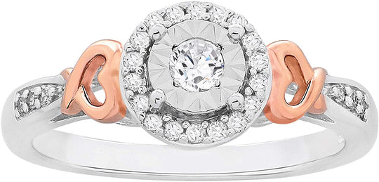 14K Rose Gold Plated .925 Sterling Silver 1/5 Cttw Diamond Miracle Set Round Halo and Hearts Promise Ring (I-J Color, I2-I3 Clarity)