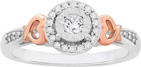 14K Rose Gold Plated .925 Sterling Silver 1/5 Cttw Diamond Miracle Set Round Halo and Hearts Promise Ring (I-J Color, I2-I3 Clarity)