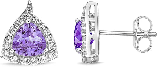.925 Sterling Silver Trillion Cut Birthstone & Created White Sapphire Halo Stud Earrings - Choice of Birthstone/Month