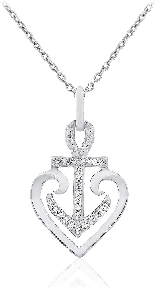 .925 Sterling Silver 1/10 Cttw Diamond Nautical Mariner's Cross Anchor Pendant Necklace with Cable Chain - 20” (I-J Color, I2-I3 Clarity)