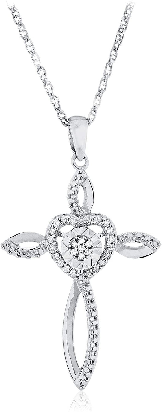 .925 Sterling Silver 1/10 Cttw Diamond Cluster Miracle Set Heart Cross Pendant Necklace with Rope Chain - 18” (I-J Color, I2-I3 Clarity)
