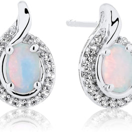 .925 Sterling Silver, Oval Lab-Grown White and Pink Opal Cabochon & Lab-Grown White Sapphire 1/3" Halo Teardrop Stud Earrings