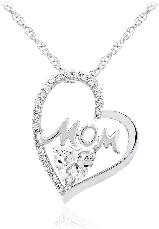 .925 Sterling Silver Heart Cut White Cubic Zirconia Mom Open Heart Pendant Necklace with Rope Chain - 20”