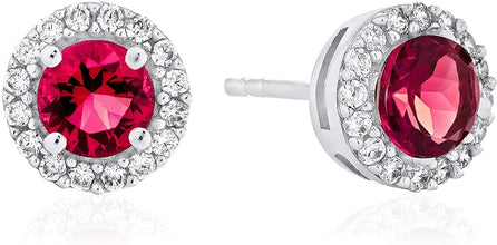 .925 Sterling Silver Birthstone and Lab Grown White Sapphire or CZ Halo Stud Earrings - Choice of Gem Color/Month