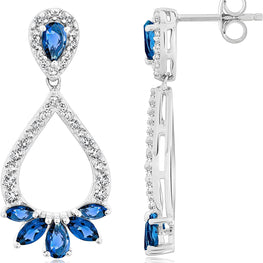 .925 Sterling Silver, Pear & Marquise Cut Lab-Grown Blue Sapphire & Lab-Grown White Sapphire 1-1/3" Double Teardrop Dangle Style Stud Earrings