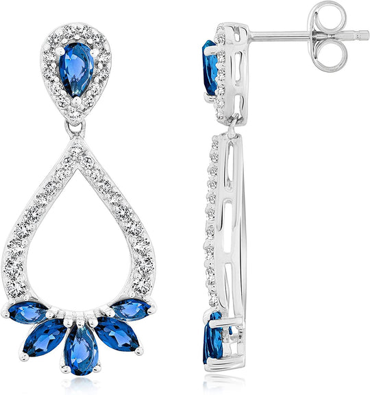 .925 Sterling Silver, Pear & Marquise Cut Lab-Grown Blue Sapphire & Lab-Grown White Sapphire 1-1/3" Double Teardrop Dangle Style Stud Earrings