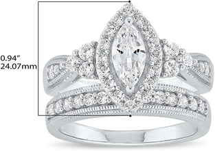 .925 Sterling Silver Cubic Zirconia Marqise Halo Milgrain Engagement Ring with Half-Eternity Wedding Band Bridal Set