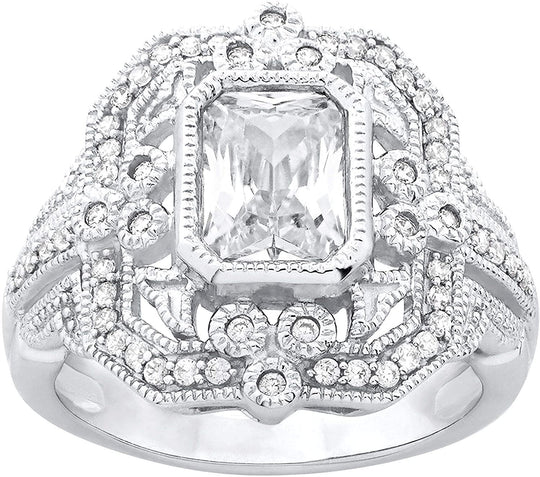 .925 Sterling Silver & Radiant Cut White Cubic Zirconia 3/4" Milgrain Studded Trefoil Bezels Vintage Style Split Shank Statement Ring