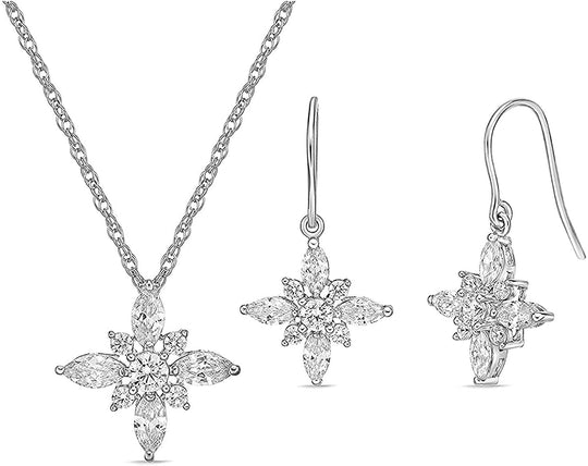 .925 Sterling Silver Round and Marquise Cut White Cubic Zirconia Snowflake 20” Pendant Necklace and Hook Back Dangle Earrings Matching Jewelry Set