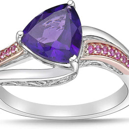 Two Tone 10K Rose Gold & .925 Sterling Silver, Trillion Cut Amethyst & Lab Created Pink Sapphire Twist Filigree Engagement Ring
