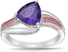Two Tone 10K Rose Gold & .925 Sterling Silver, Trillion Cut Amethyst & Lab Created Pink Sapphire Twist Filigree Engagement Ring