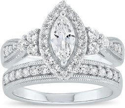 .925 Sterling Silver Cubic Zirconia Marqise Halo Milgrain Engagement Ring with Half-Eternity Wedding Band Bridal Set