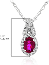 .925 Sterling Silver, Lab-Grown Oval Cut Gemstone & Round + Baguette Cut Lab-Grown White Sapphire Halo 18” Pendant Necklace - Choice of Gem Color