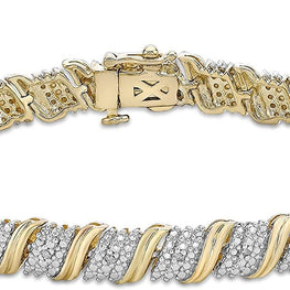 Two Tone 14K Yellow Gold Plated .925 Sterling Silver 1/10 Cttw Diamond Accented S Swoosh Links Tennis Bracelet (I-J Color, I2-I3 Clarity) - 7-1/4"