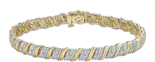 Two Tone 14K Yellow Gold Plated .925 Sterling Silver 1/10 Cttw Diamond Accented S Swoosh Links Tennis Bracelet (I-J Color, I2-I3 Clarity) - 7-1/4"