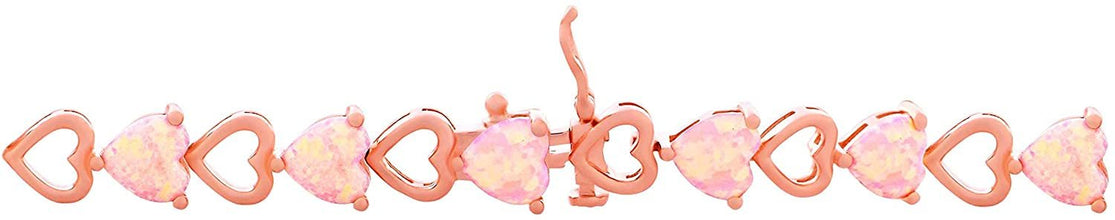 14K Rose Gold Plated .925 Sterling Silver & Heart Shaped Lab-Grown Pink Opal Cabochon Heart Link Tennis Bracelet - 7-1/4