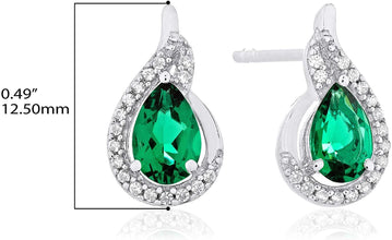 .925 Sterling Silver Pear-Shaped Birthstone & Lab Grown White Sapphire or CZ Teardrop Stud Earrings - Choice of Gem Color/Month