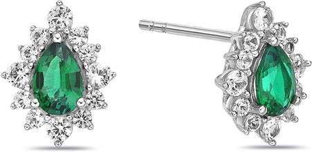 .925 Sterling Silver, Pear Cut Lab-Grown Gemstone & Round Lab-Grown White Sapphire Halo Teardrop Drop Style Stud Earrings - Choice of Gem Color