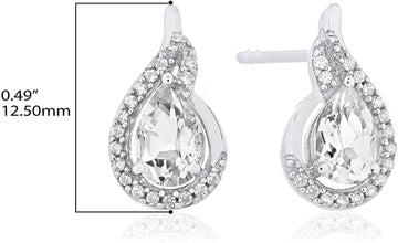 .925 Sterling Silver Pear-Shaped Birthstone & Lab Grown White Sapphire or CZ Teardrop Stud Earrings - Choice of Gem Color/Month