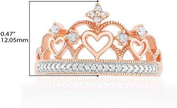 14K Rose Gold Plated .925 Sterling Silver 1/10 Cttw Diamond Heart Crown Ring (I-J Color, I2-I3 Clarity)