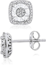 .925 Sterling Silver 1/10 Cttw Diamond Square Cushion Shaped Miracle Set Halo Pushback Stud Pierced Earrings (I-J Color, I2-I3 Clarity)