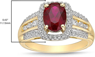 10K Yellow Gold, Lab Created Oval Gemstone & Lab Created White Sapphire Cushion Halo Fluted Filigree Cathedral Style Engagement Ring - Choice of Color