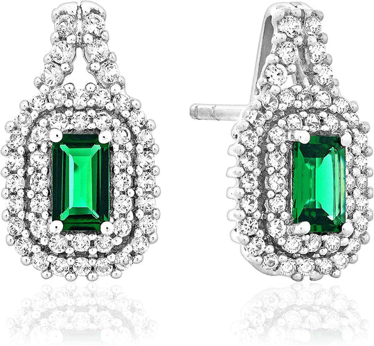 .925 Sterling Silver 1/2 Cttw Emerald Shape Created Emerald and Round Created White Sapphire Double Halo Earrings