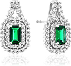 .925 Sterling Silver 1/2 Cttw Emerald Shape Created Emerald and Round Created White Sapphire Double Halo Earrings
